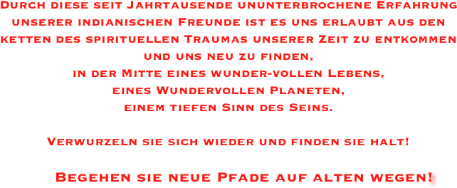 Durch diese seit Jahrtausende ununterbrochene Erfahrung unserer indianischen Freunde ist es uns erlaubt aus den ketten des spirituellen Traumas unserer Zeit zu entkommen und uns neu zu finden, 
in der Mitte eines wunder-vollen Lebens, 
eines Wundervollen Planeten, 
einem tiefen Sinn des Seins.

Verwurzeln sie sich wieder und finden sie halt!
            
      Begehen sie neue Pfade auf alten wegen!